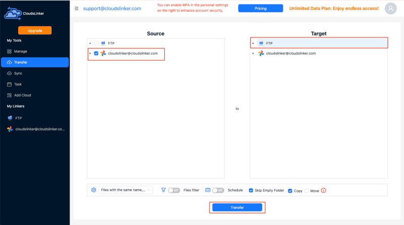 Configuring backup settings in CloudsLinker
