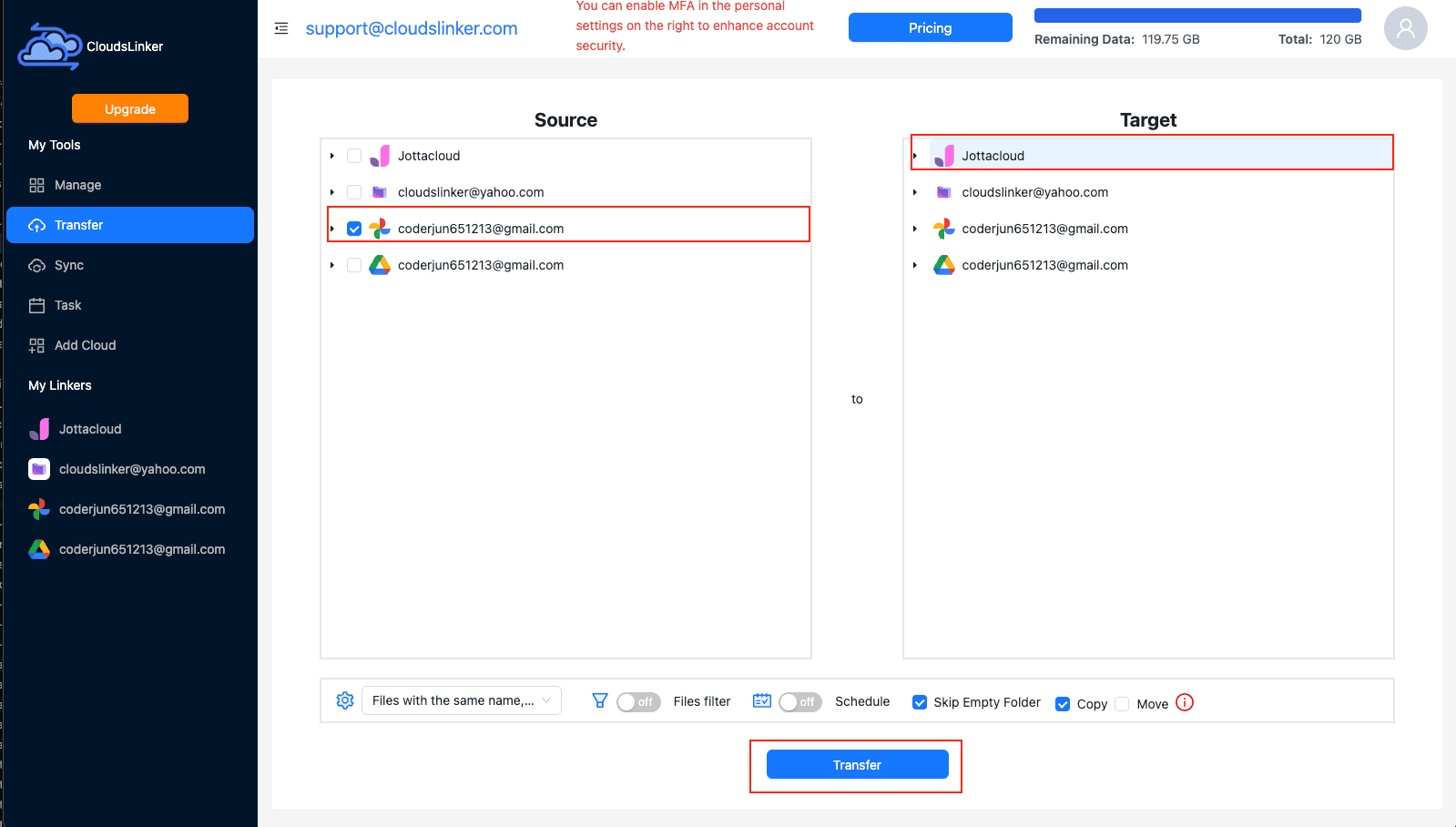 Configuring backup settings in CloudsLinker