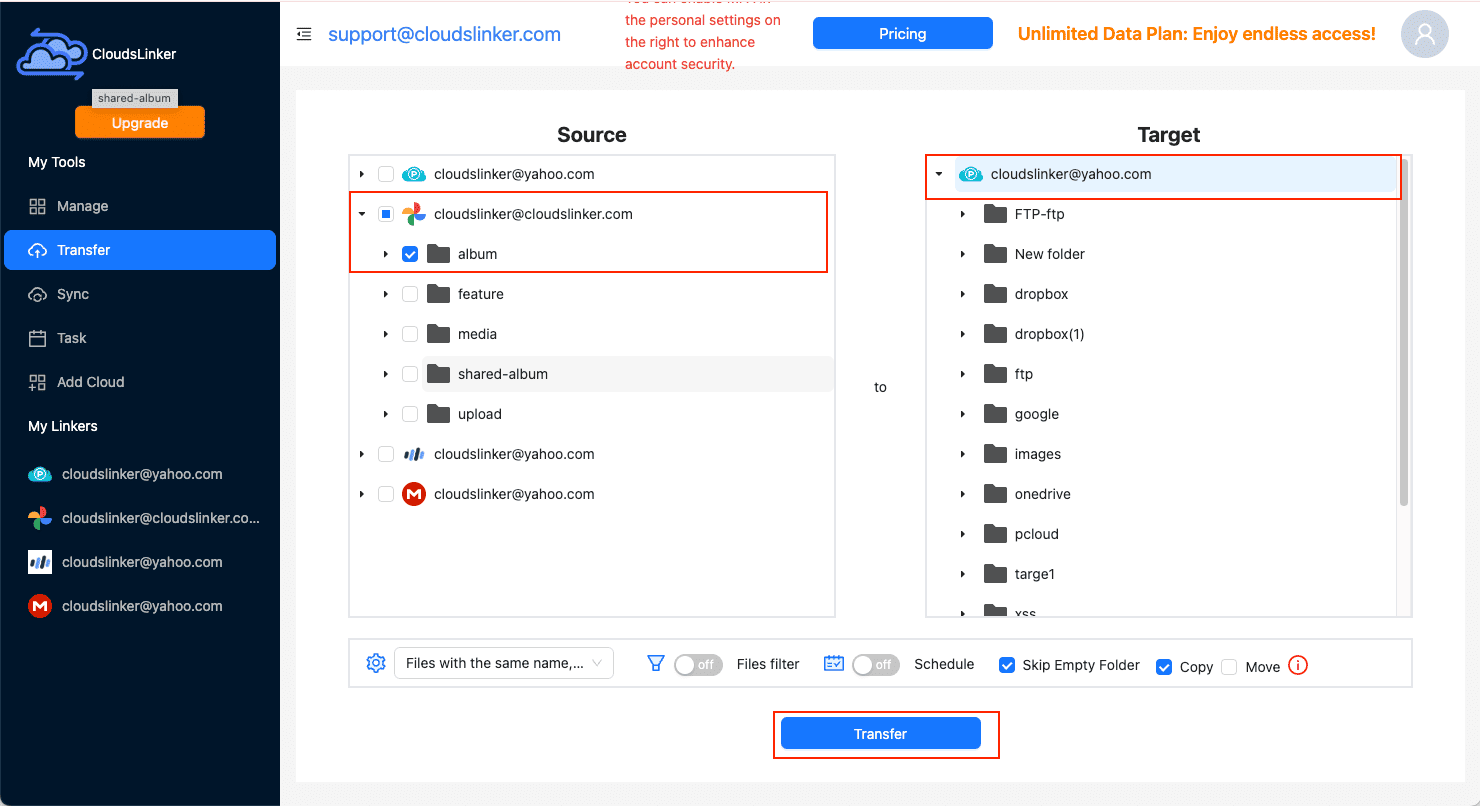 Setting up Google Photos to pCloud migration in CloudsLinker