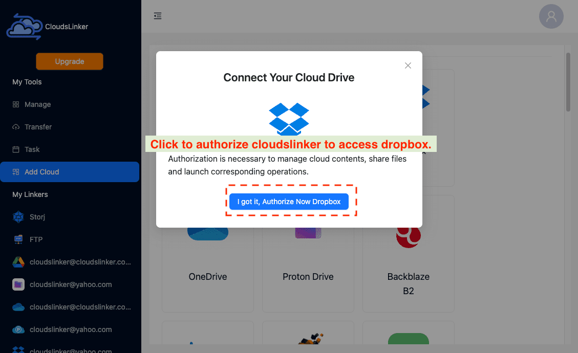 Connecting Dropbox to Cloudslinker