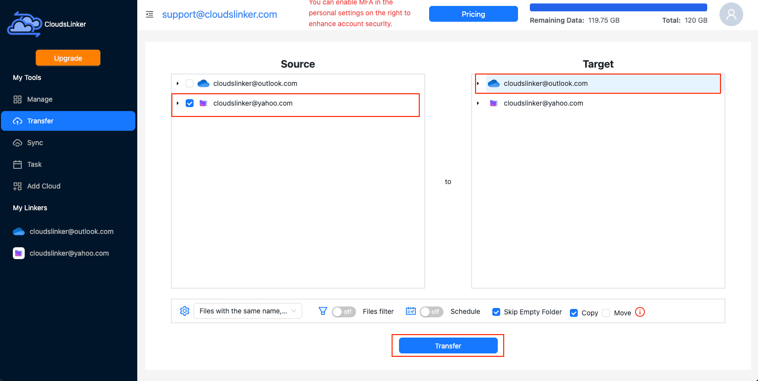 Configuring a transfer from Proton Drive to OneDrive