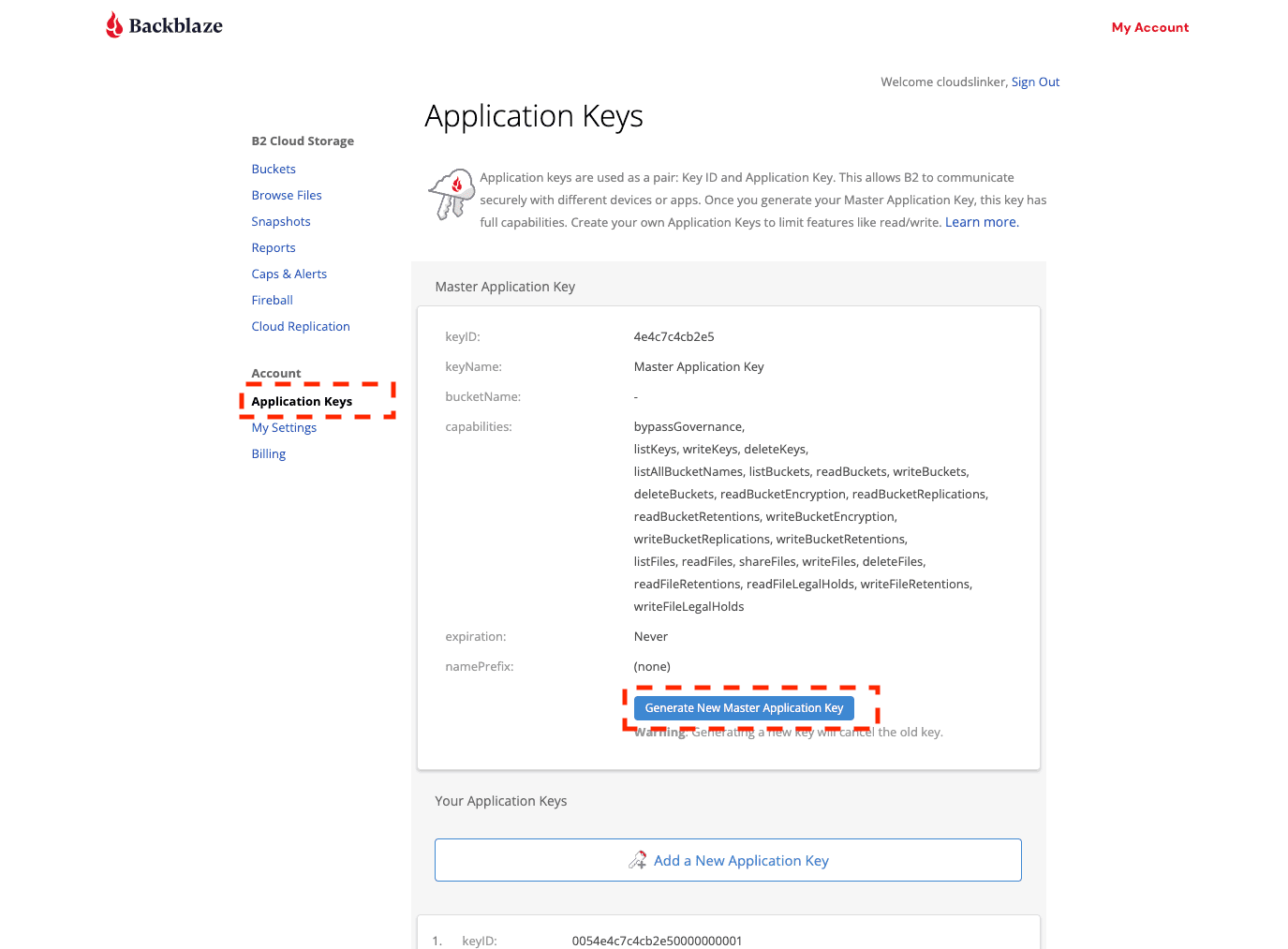 Generating Backblaze B2 Application Key