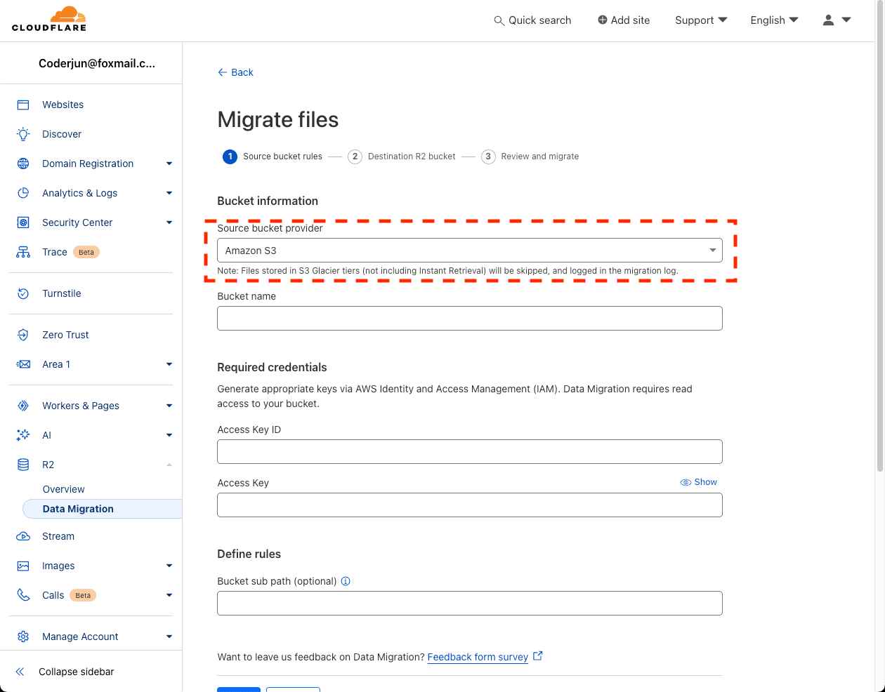 Select S3 provider to migrate from cloudflare