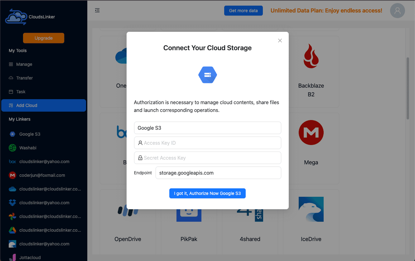 Add Google Cloud Storage to Cloudslinker