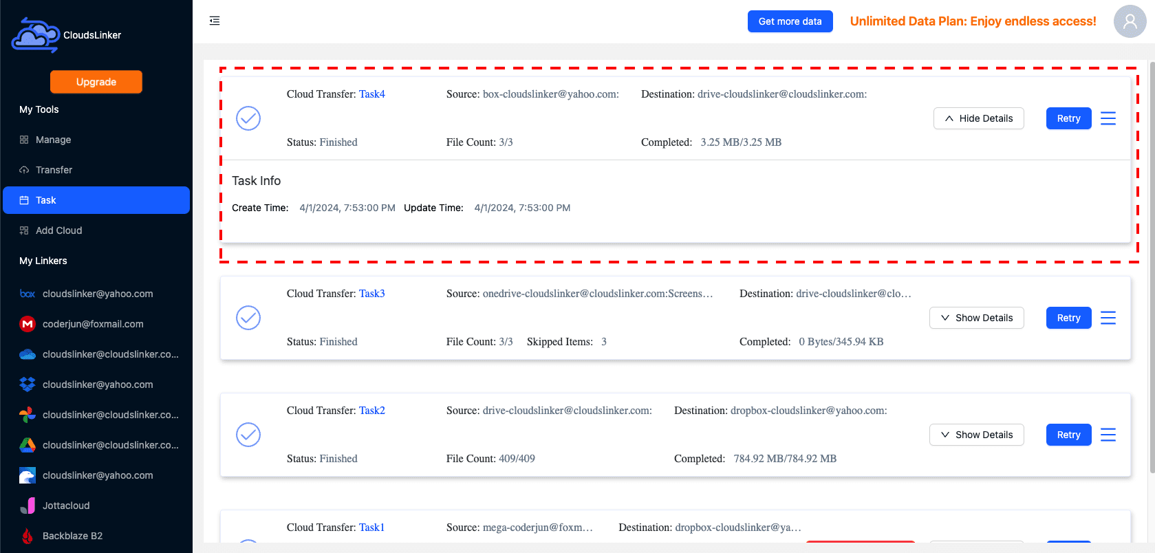 Monitoring tasks in Cloudslinker for Box to Google Drive migration.