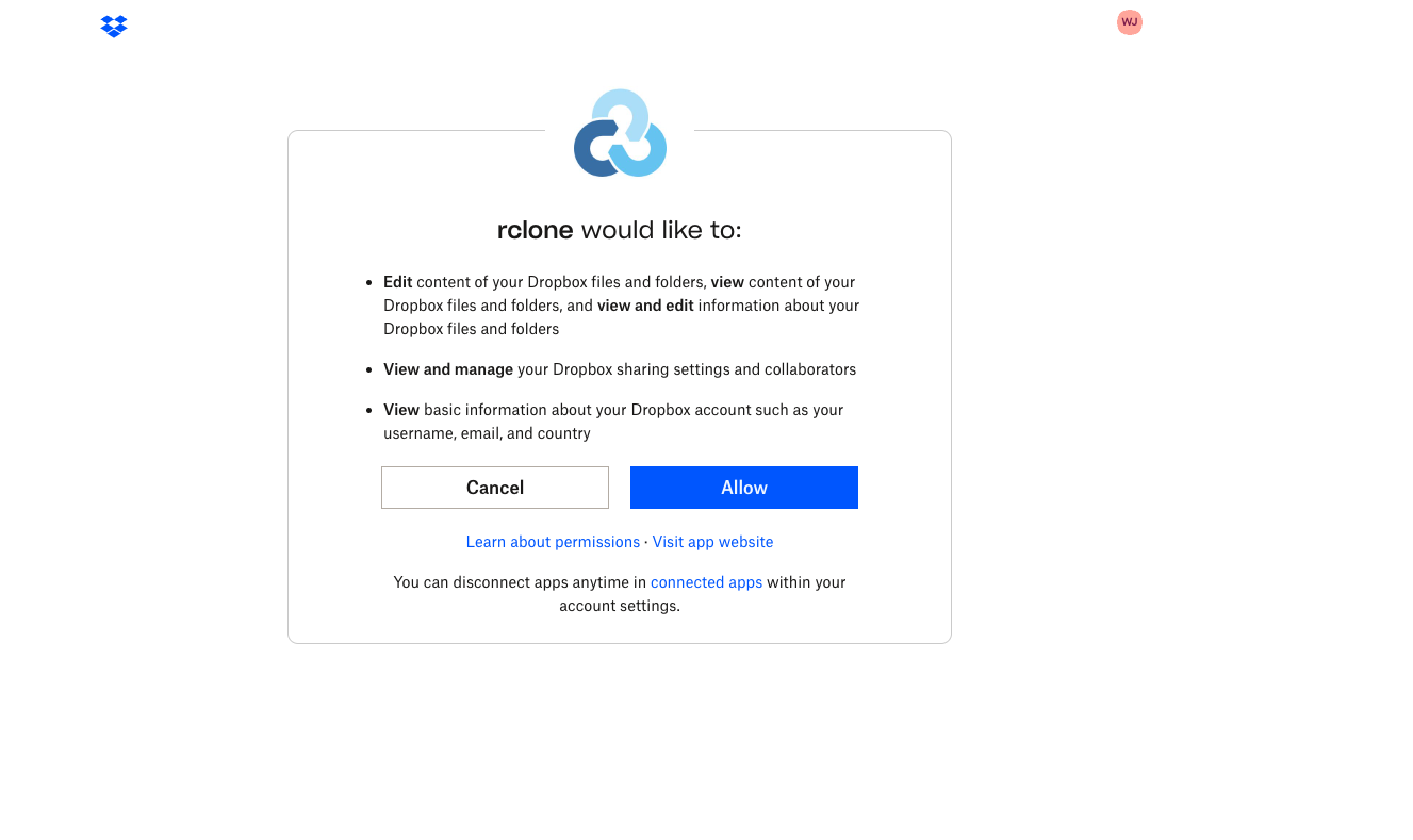 rclone dropbox authorization page