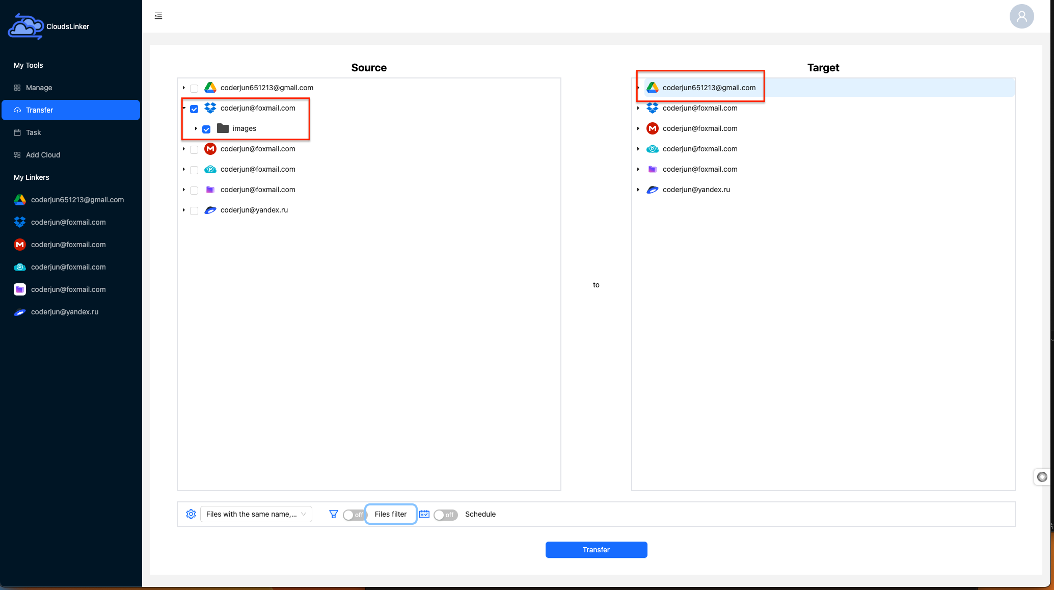 cloudslinker create transfer task