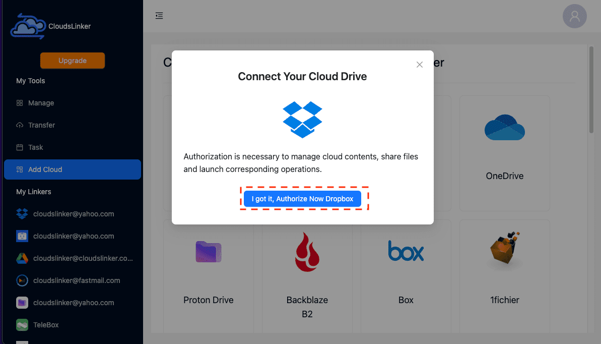 Linking Dropbox in CloudsLinker