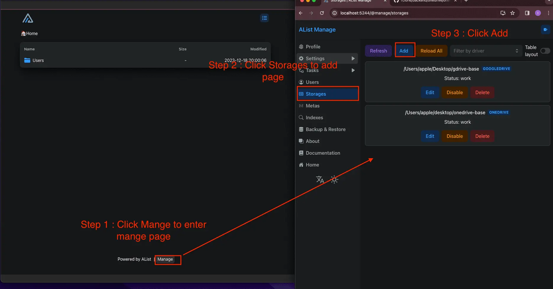 Interface snapshot of Alist for adding cloud storage like Google Drive and OneDrive.