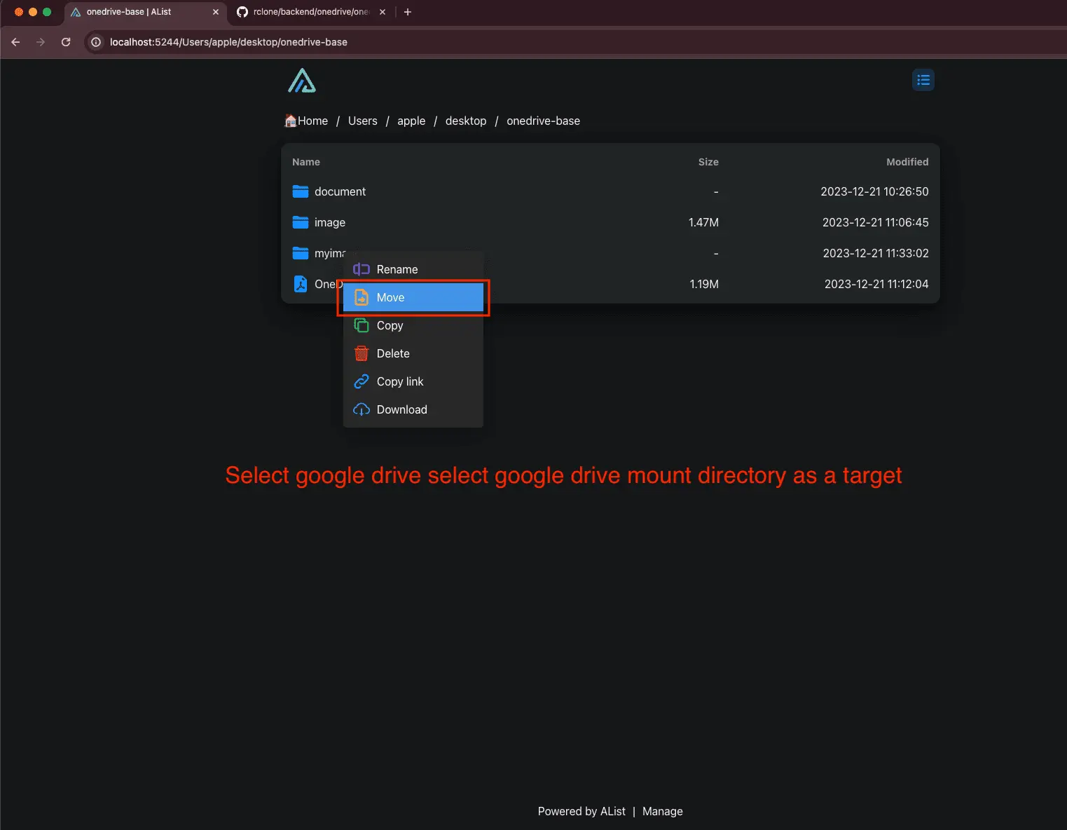 Visual demonstration of transferring files between OneDrive and Google Drive using Alist.