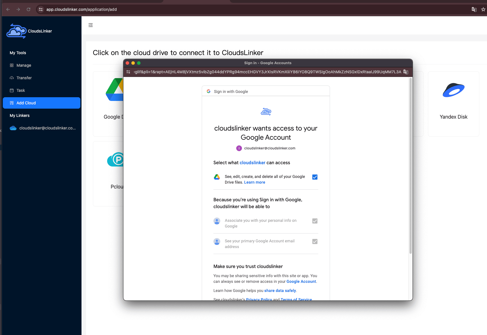 Authorizing Google Drive in Cloudslinker