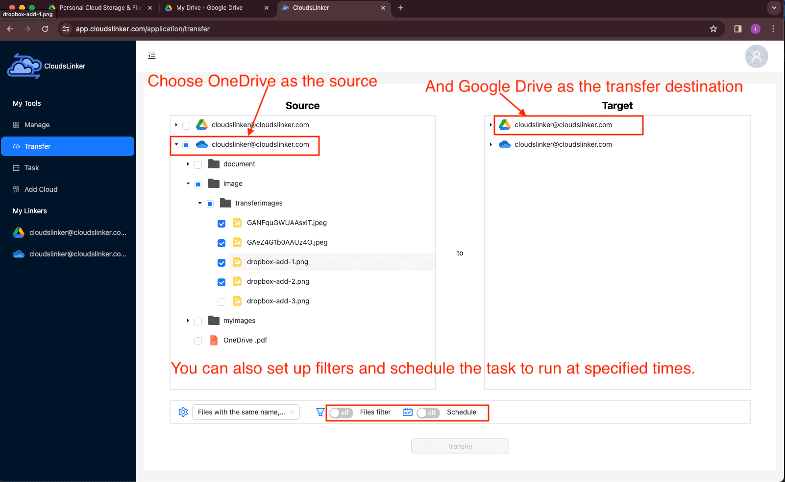 Setup interface in Cloudslinker for selecting file transfer source and destination.