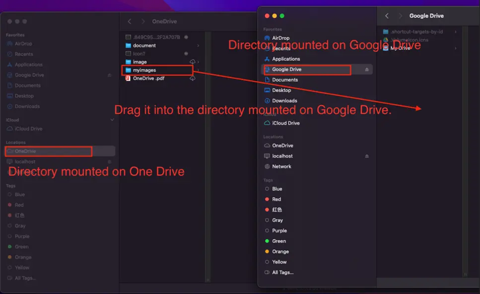 Graphic representation of transferring files from OneDrive to Google Drive using desktop apps.