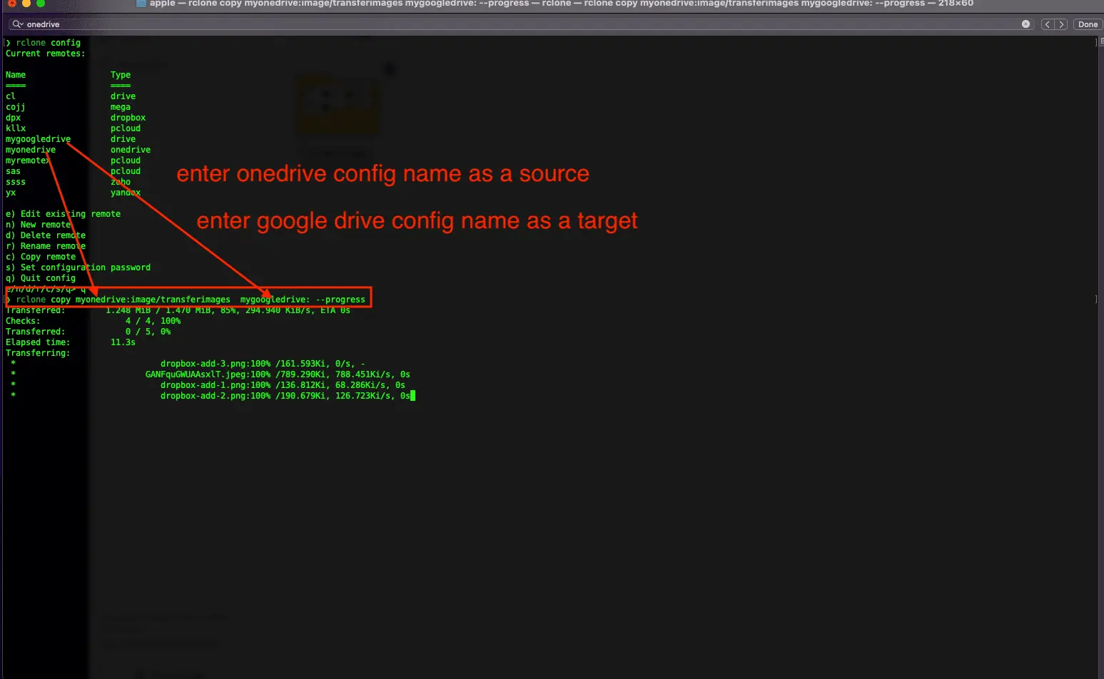 Command line interface showing Rclone command to copy files from OneDrive to Google Drive.