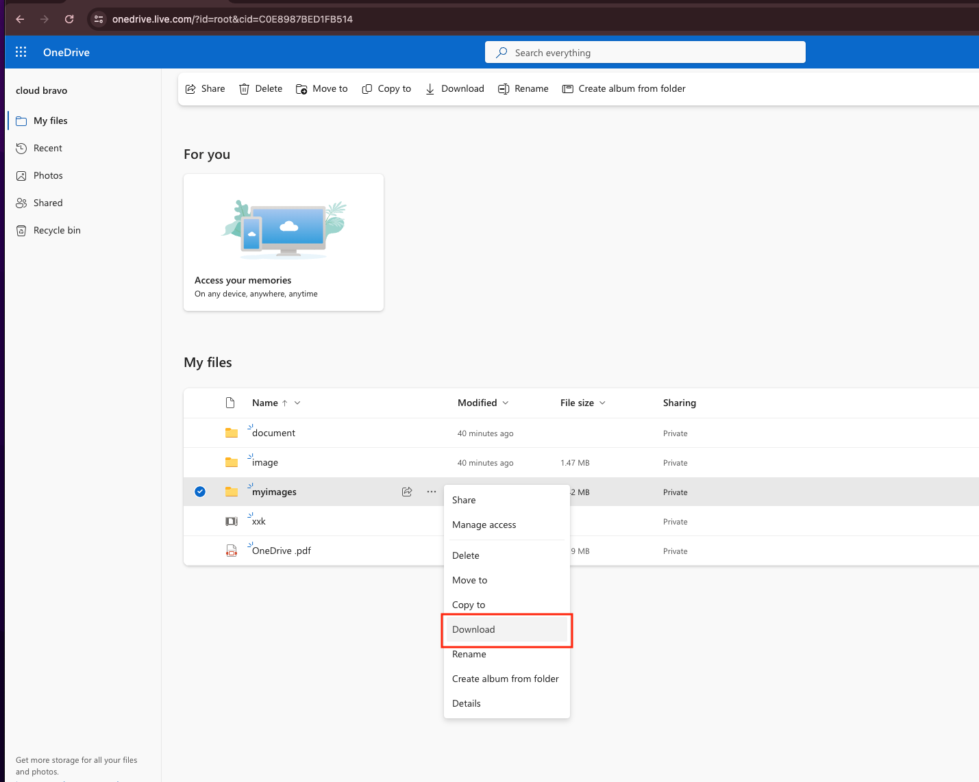 Screenshot showing the process of downloading files from OneDrive on its web interface.