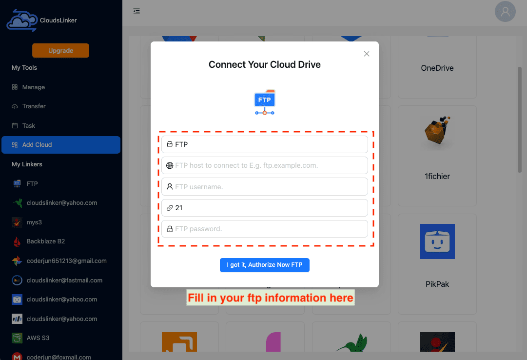 Connecting FTP Server in CloudsLinker