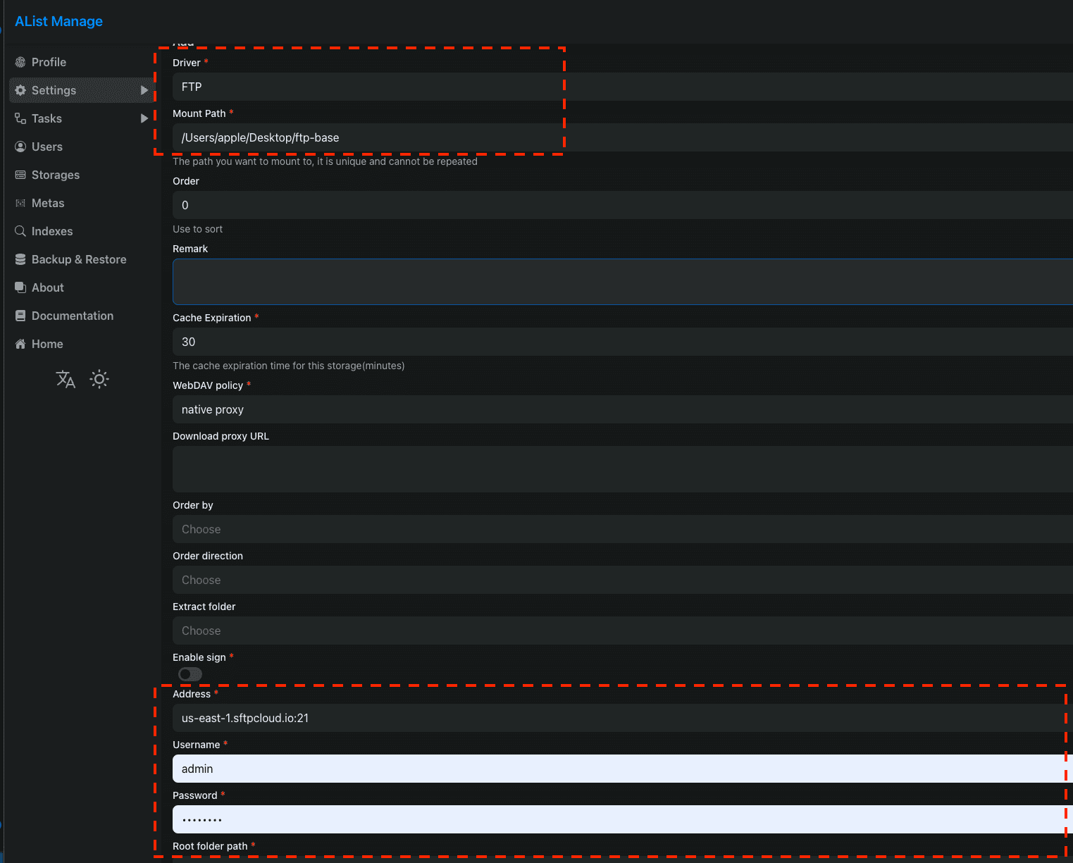 Configuring FTP in Alist