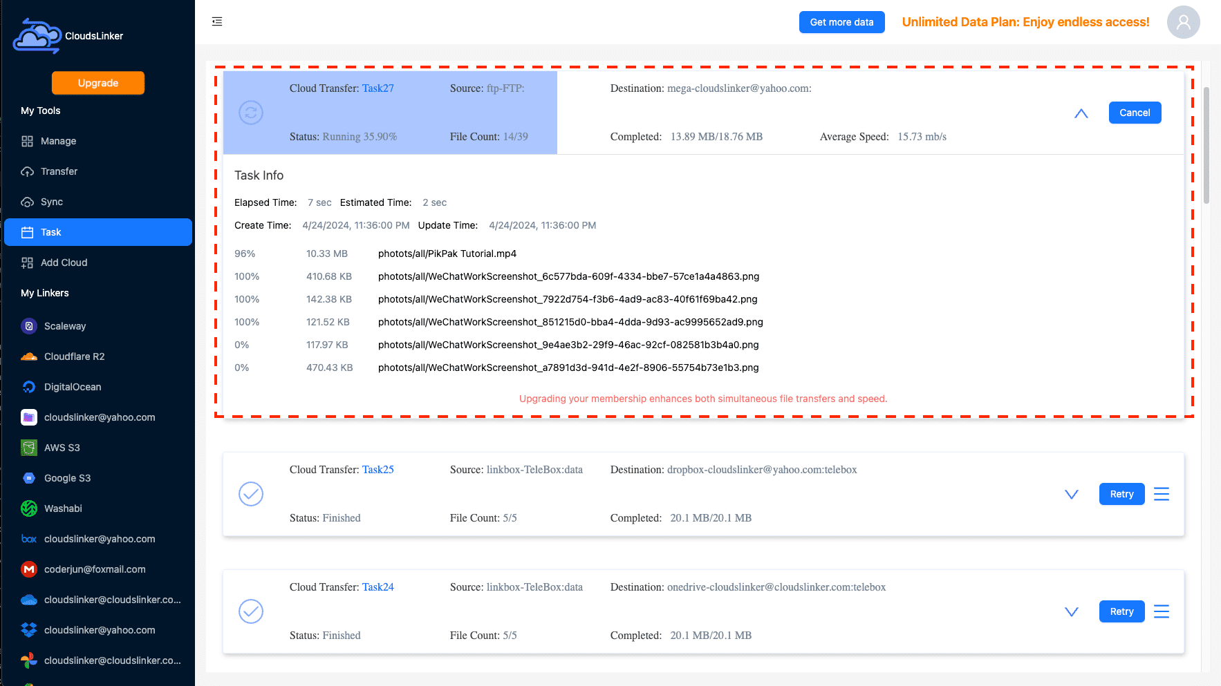 Monitoring Transfer Progress with CloudsLinker