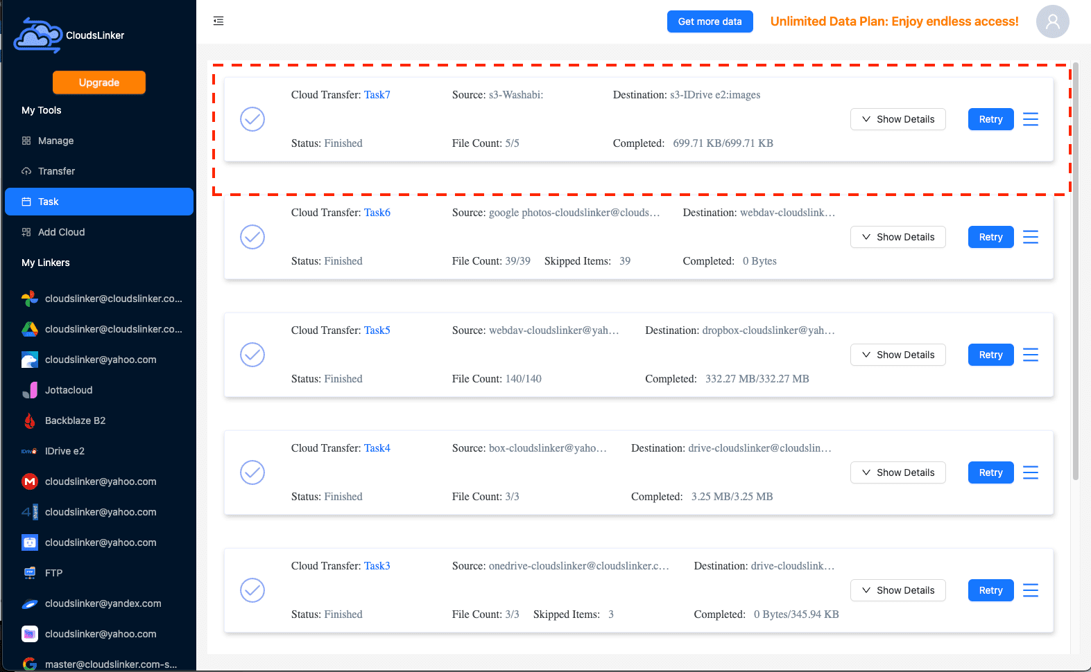 Managing transfer tasks on CloudsLinker