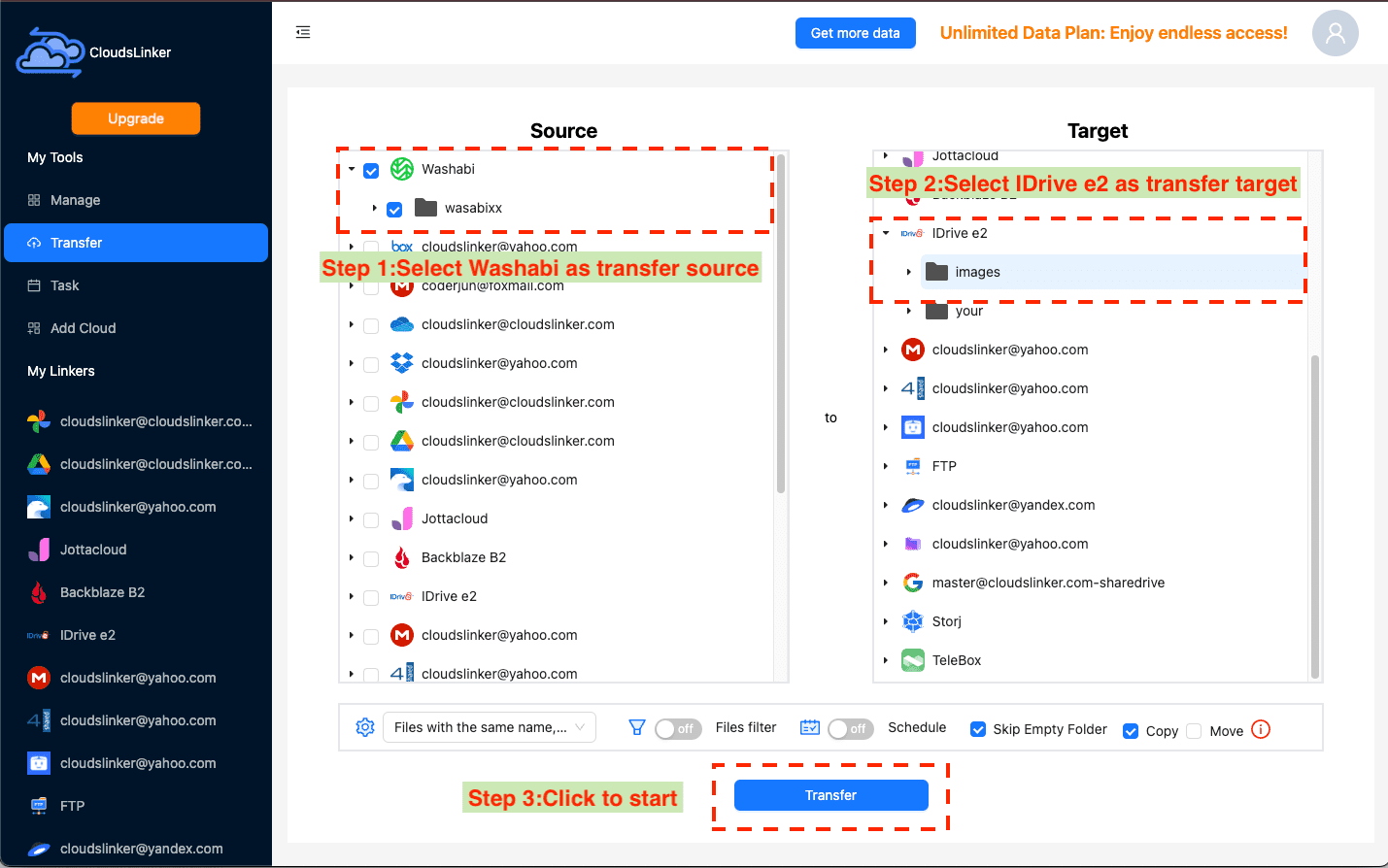 configuring transfer on CloudsLinker