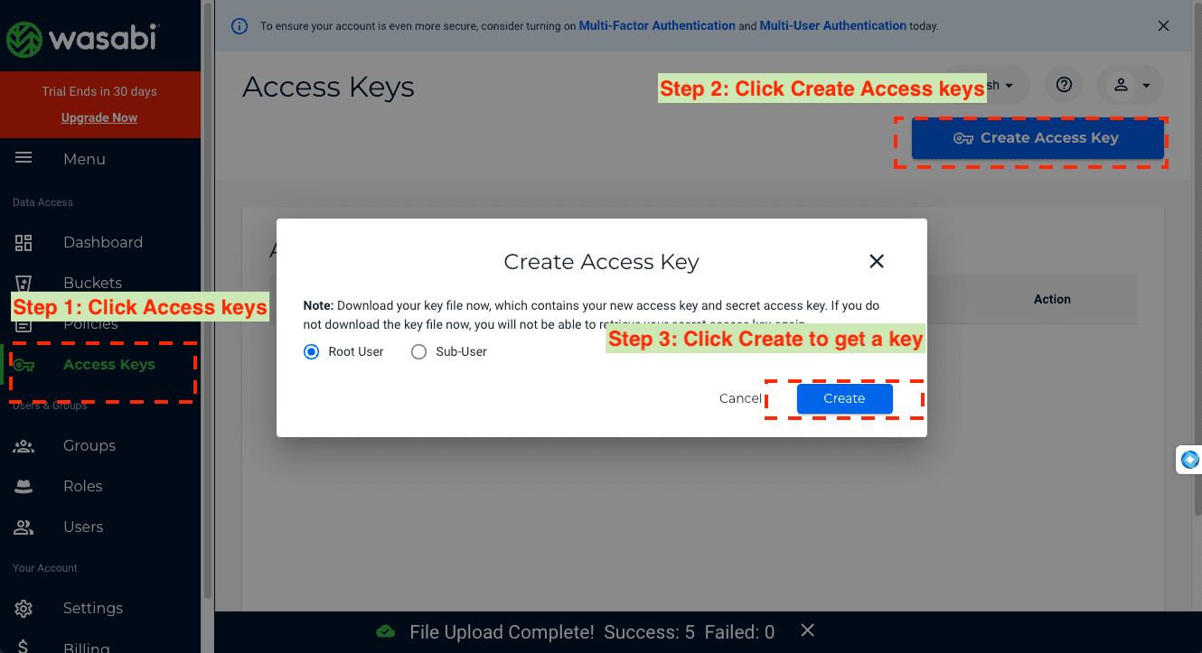 Generating Wasabi Access Keys