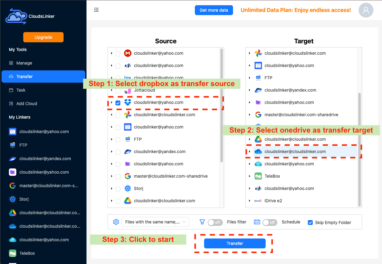 Configuring transfer in Cloudslinker