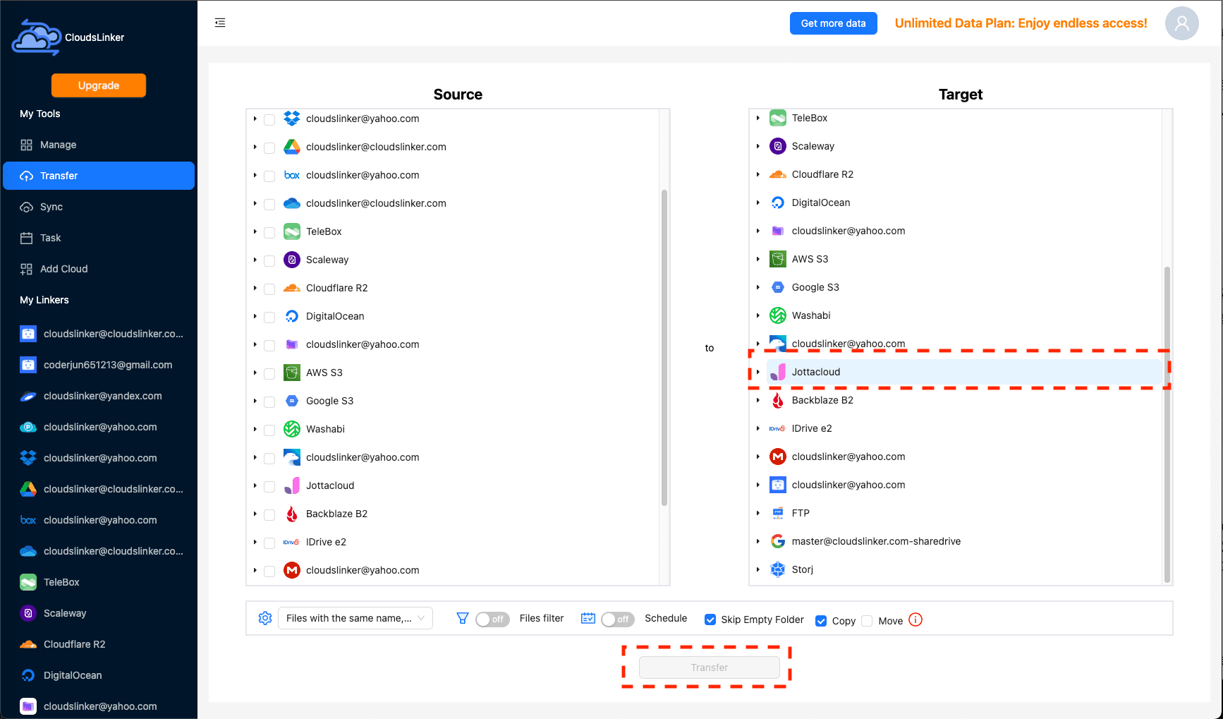 Configuring transfer settings in Cloudslinker