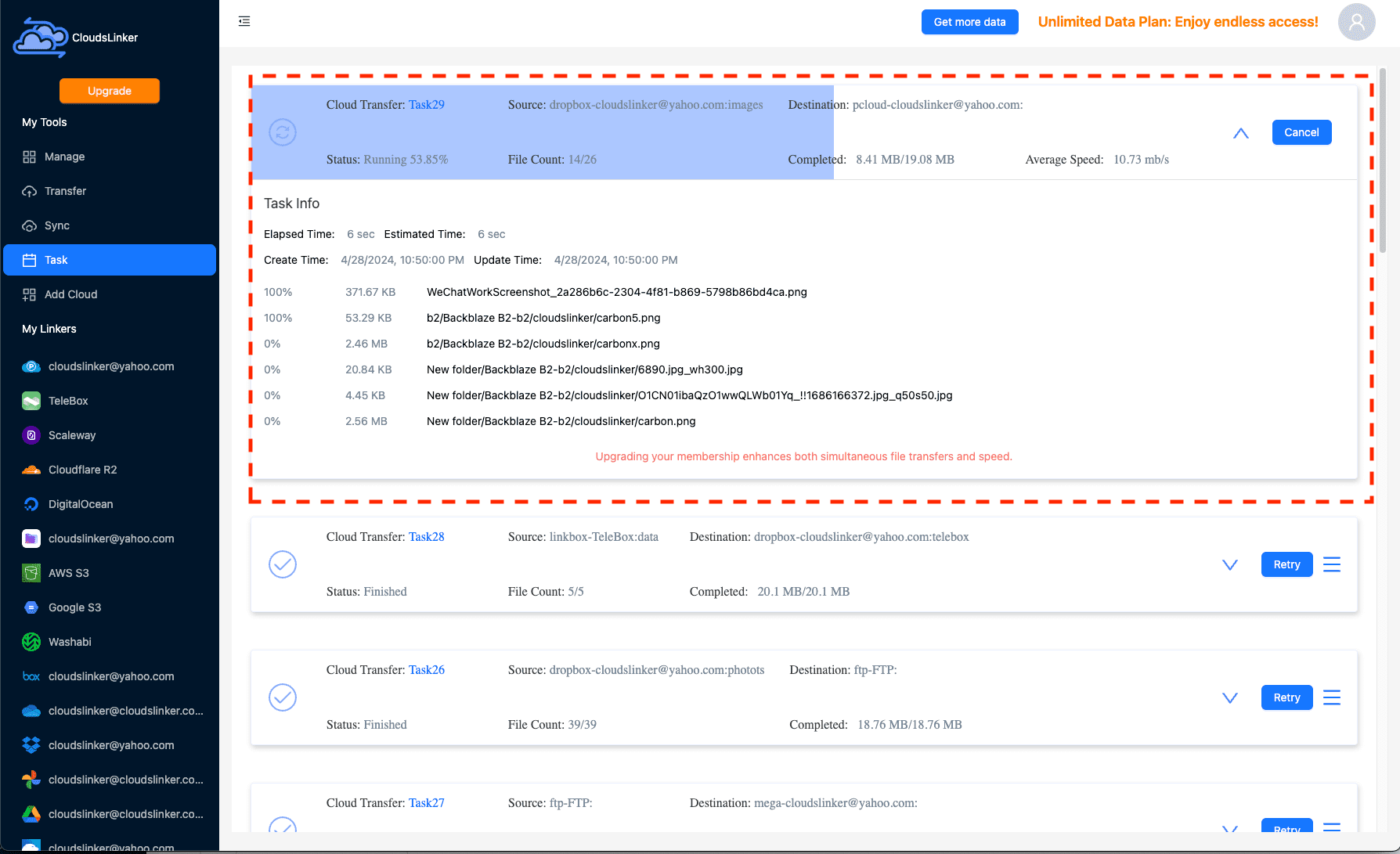 Monitoring transfer progress on Cloudslinker