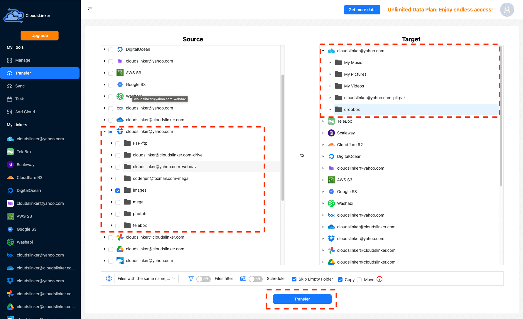 Setting up transfer from Dropbox to pCloud