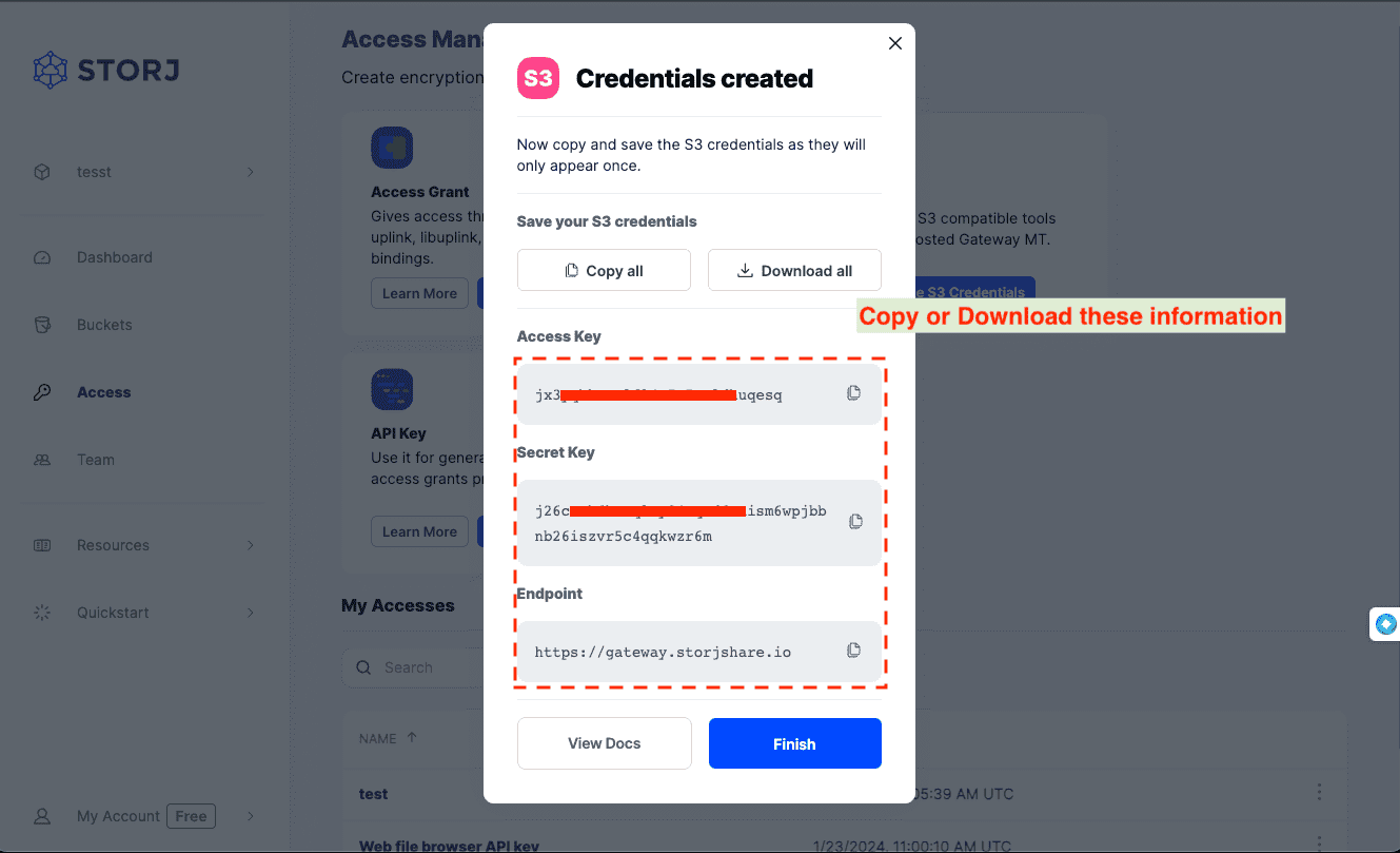 Generate Storj s3 credential