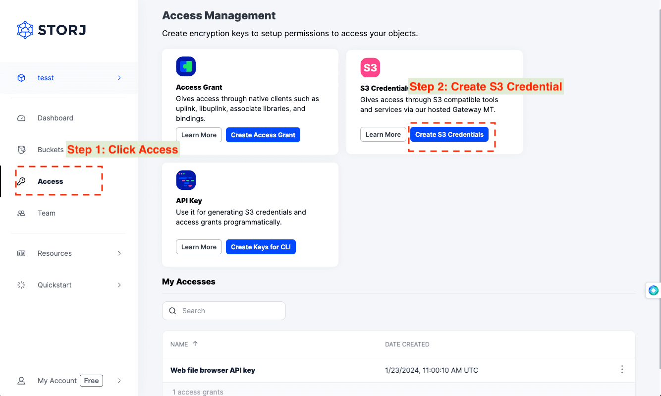 Accessing Storj Dashboard