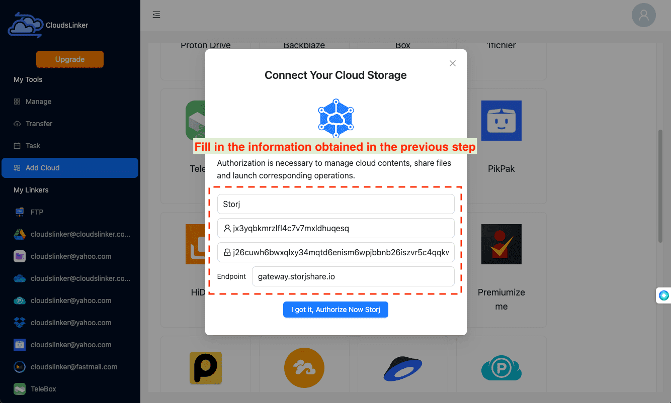 Linking Storj to Cloudslinker