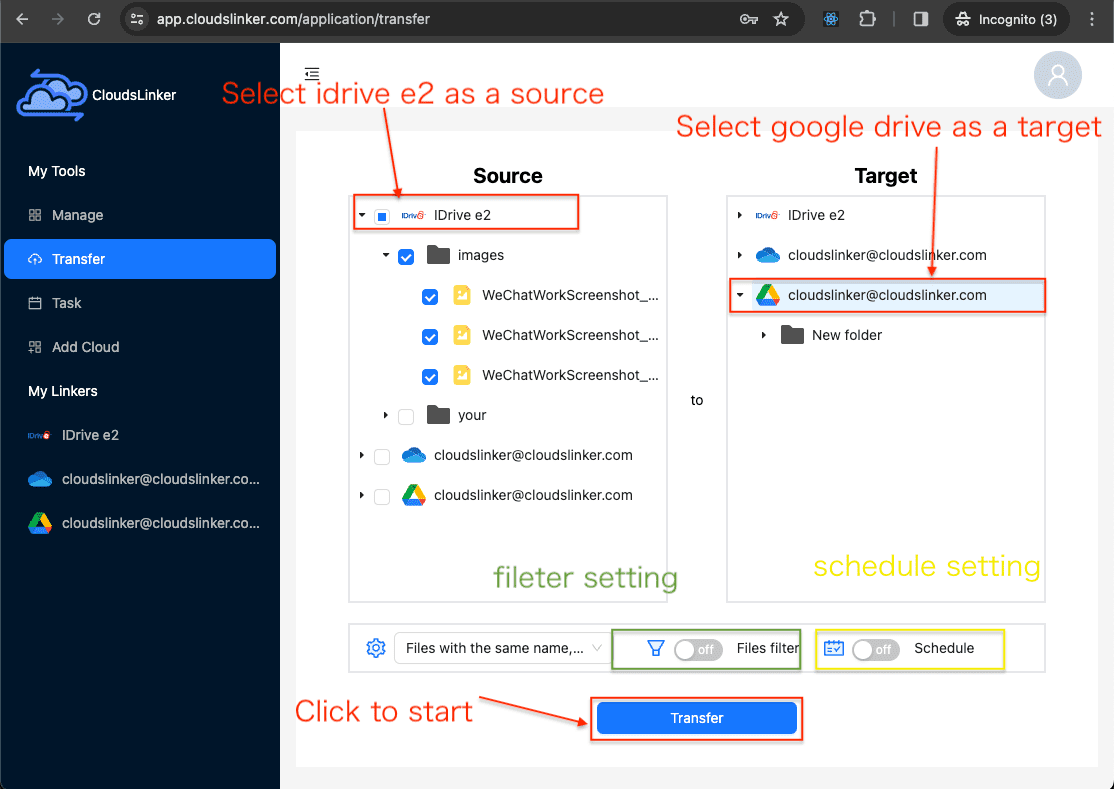 start transfer task 