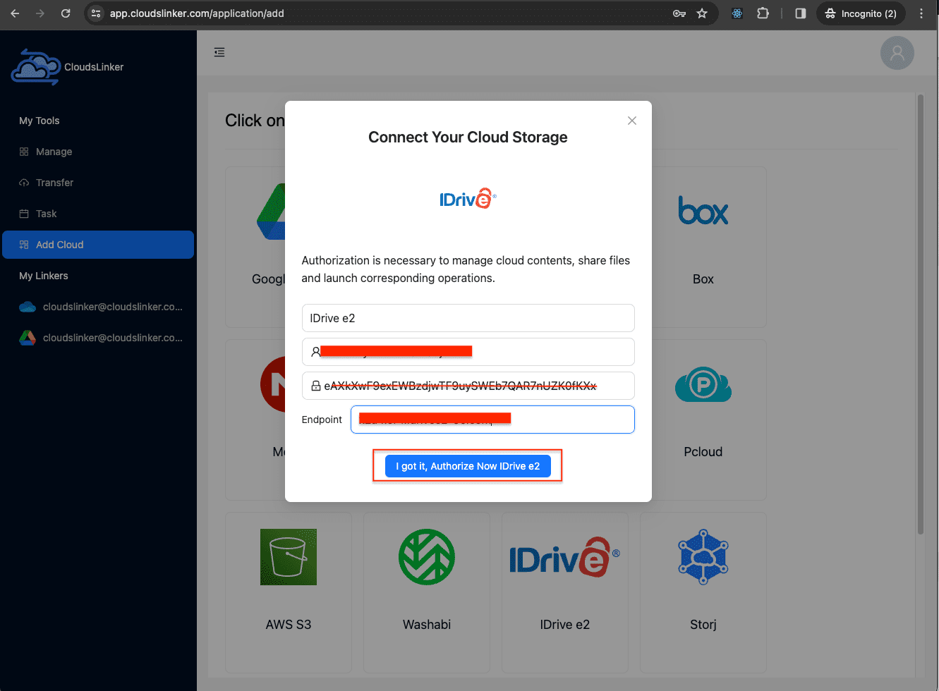 configure IDrive E2 on CloudsLinker