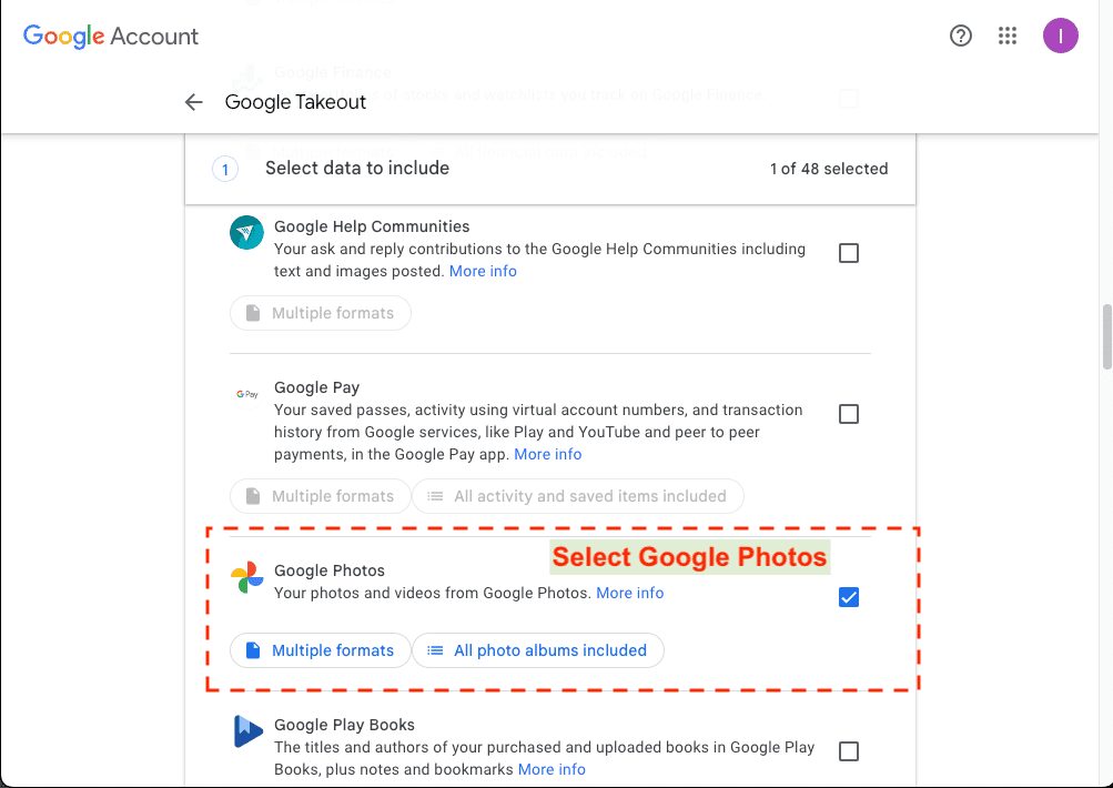 Select google photos to take out 